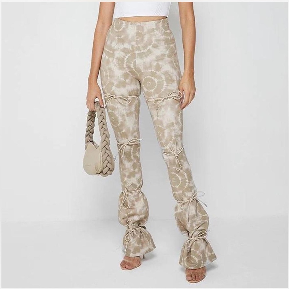 ❤️ Maniere de Voir Tan Printed Tie Up Dye High Waisted  Flared Legging Pants 6